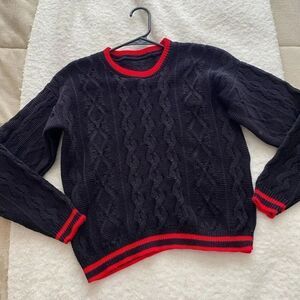Vintage Black Knit Sweater Red Athletic Stripe Detail Size Small Retro Preppy
